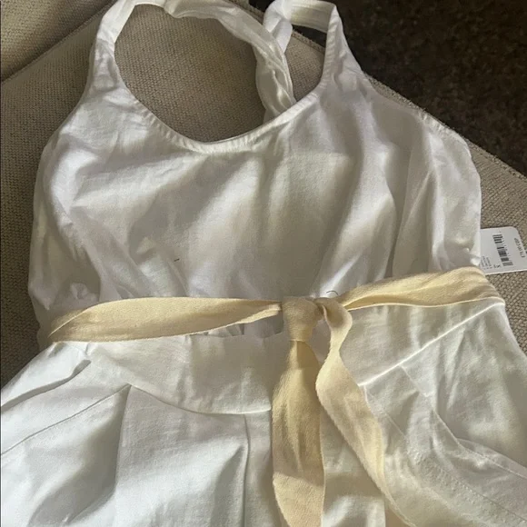 Free People White Jumpsuit with Cream Belt & twisted back, cotton has pockets - Picture 3 of 4